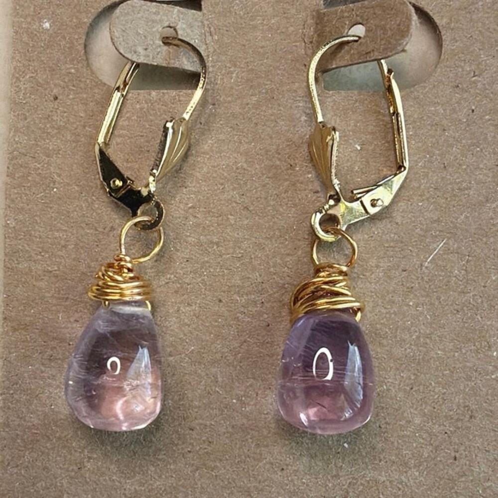 Amethyst Drop Earrings, Wire Wrapped, 18K Gold Plated Lever Back, Artisan